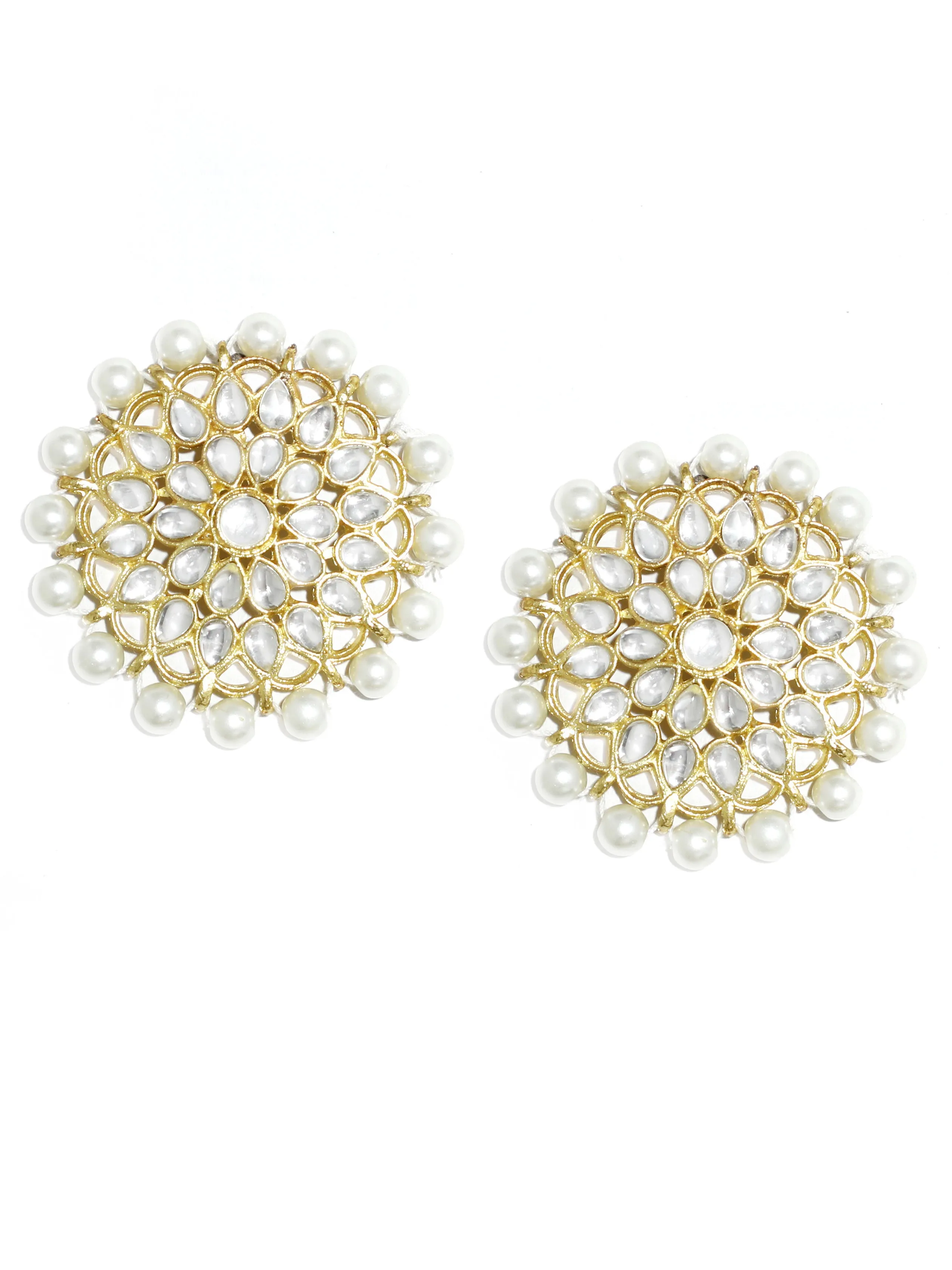 Gold Plated Pearl Beads Kundan Stud Earrings with Maangtikka