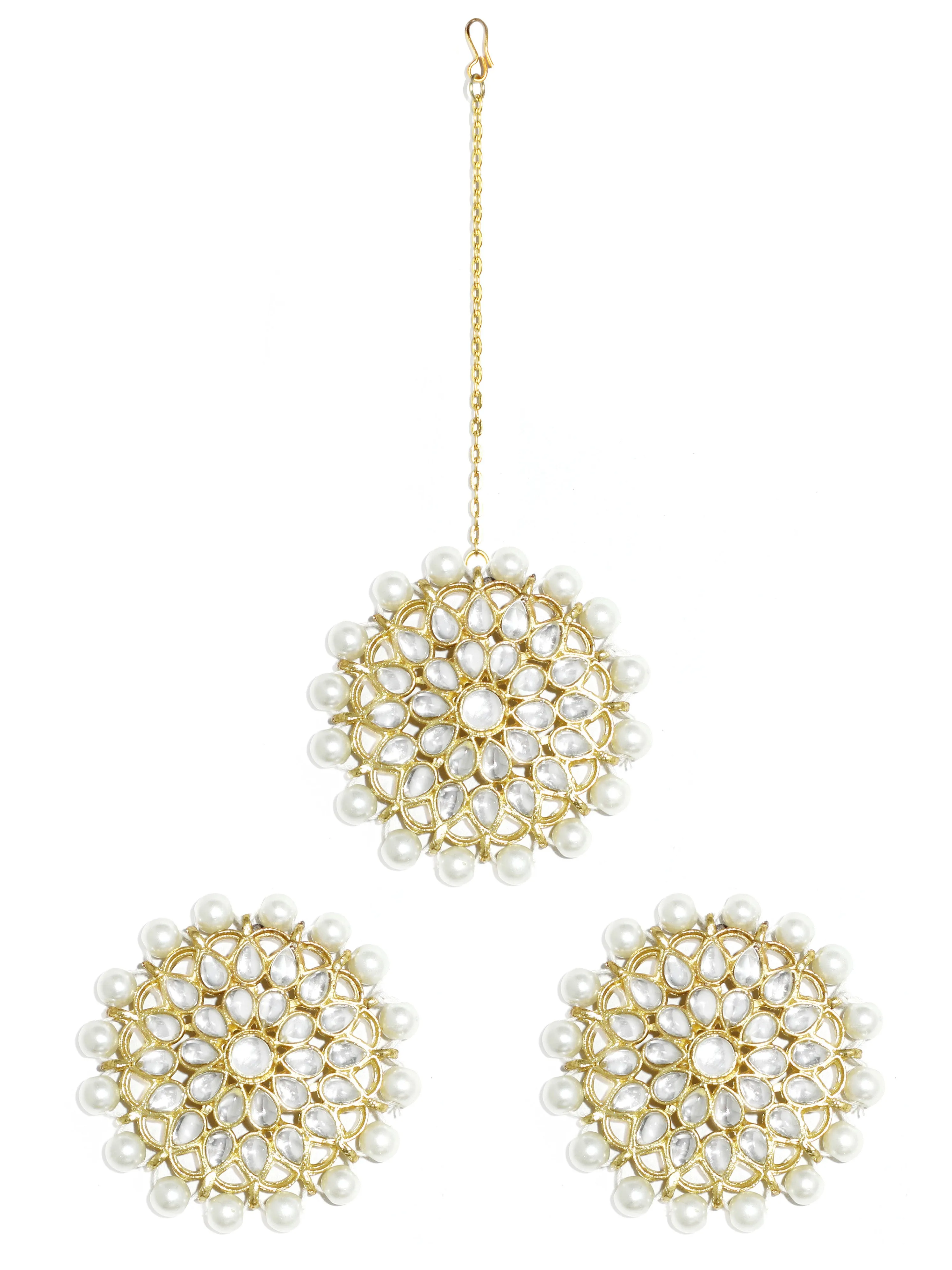 Gold Plated Pearl Beads Kundan Stud Earrings with Maangtikka