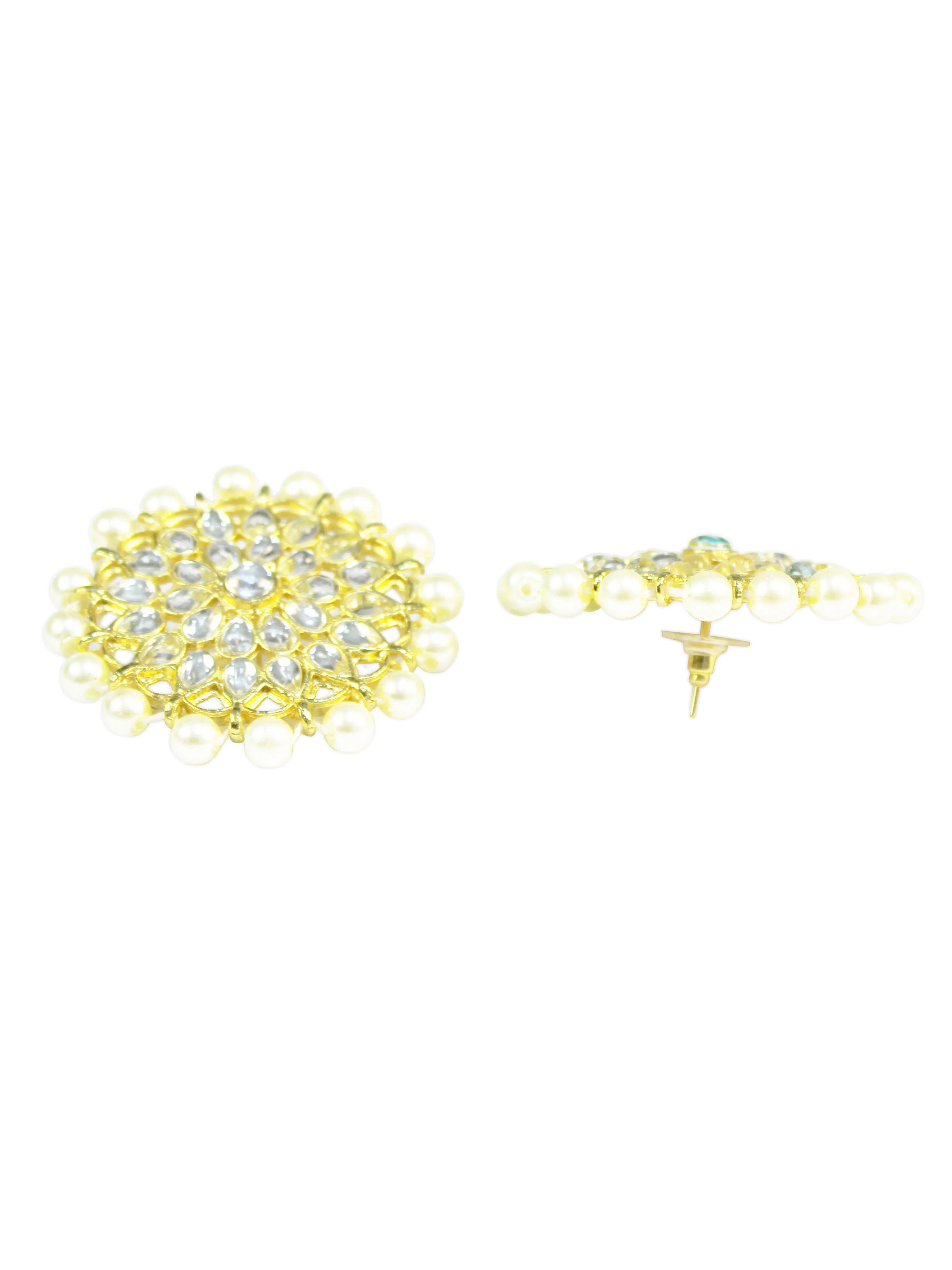 Gold Plated Pearl Beads Kundan Stud Earrings with Maangtikka