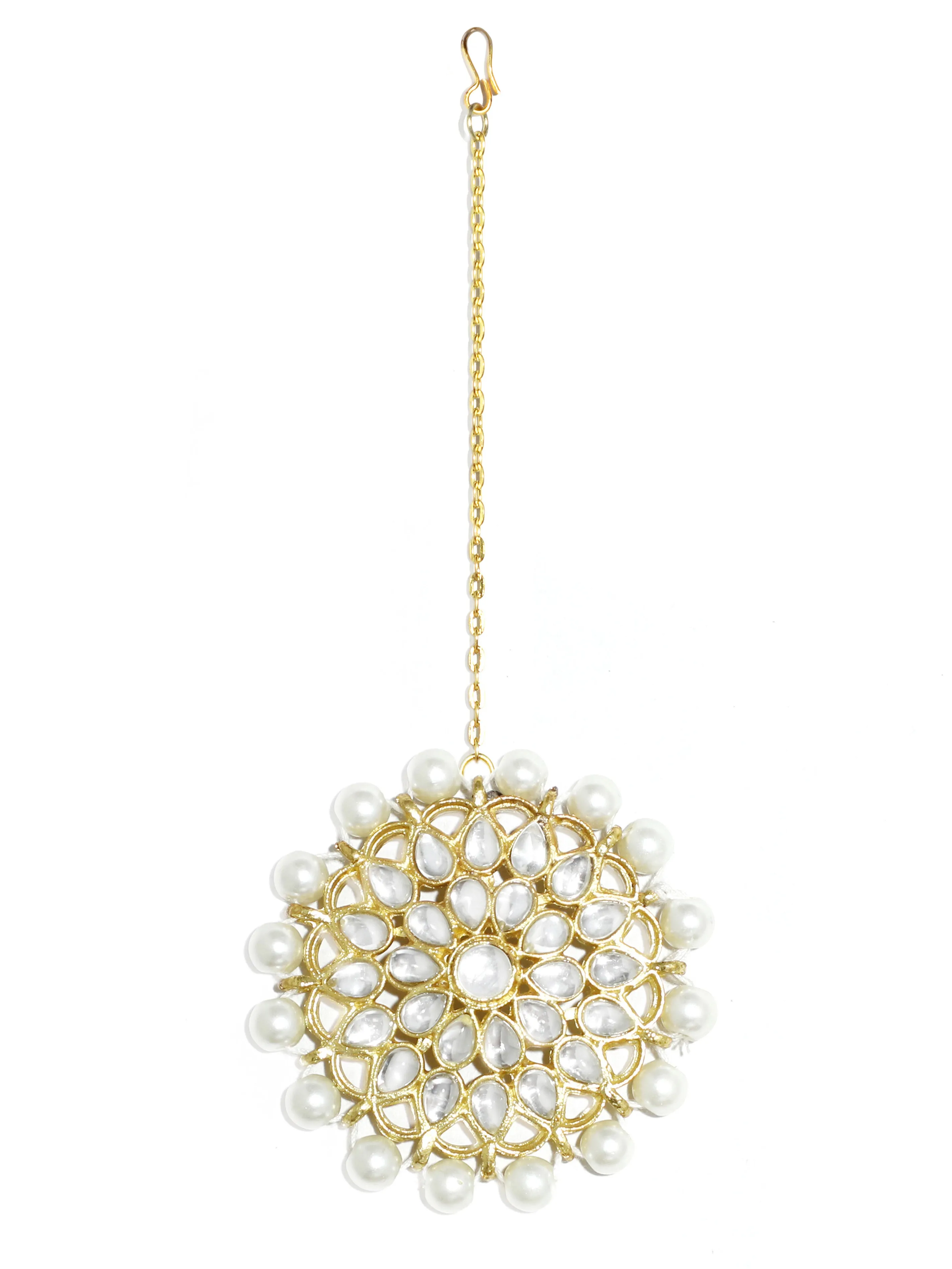 Gold Plated Pearl Beads Kundan Stud Earrings with Maangtikka