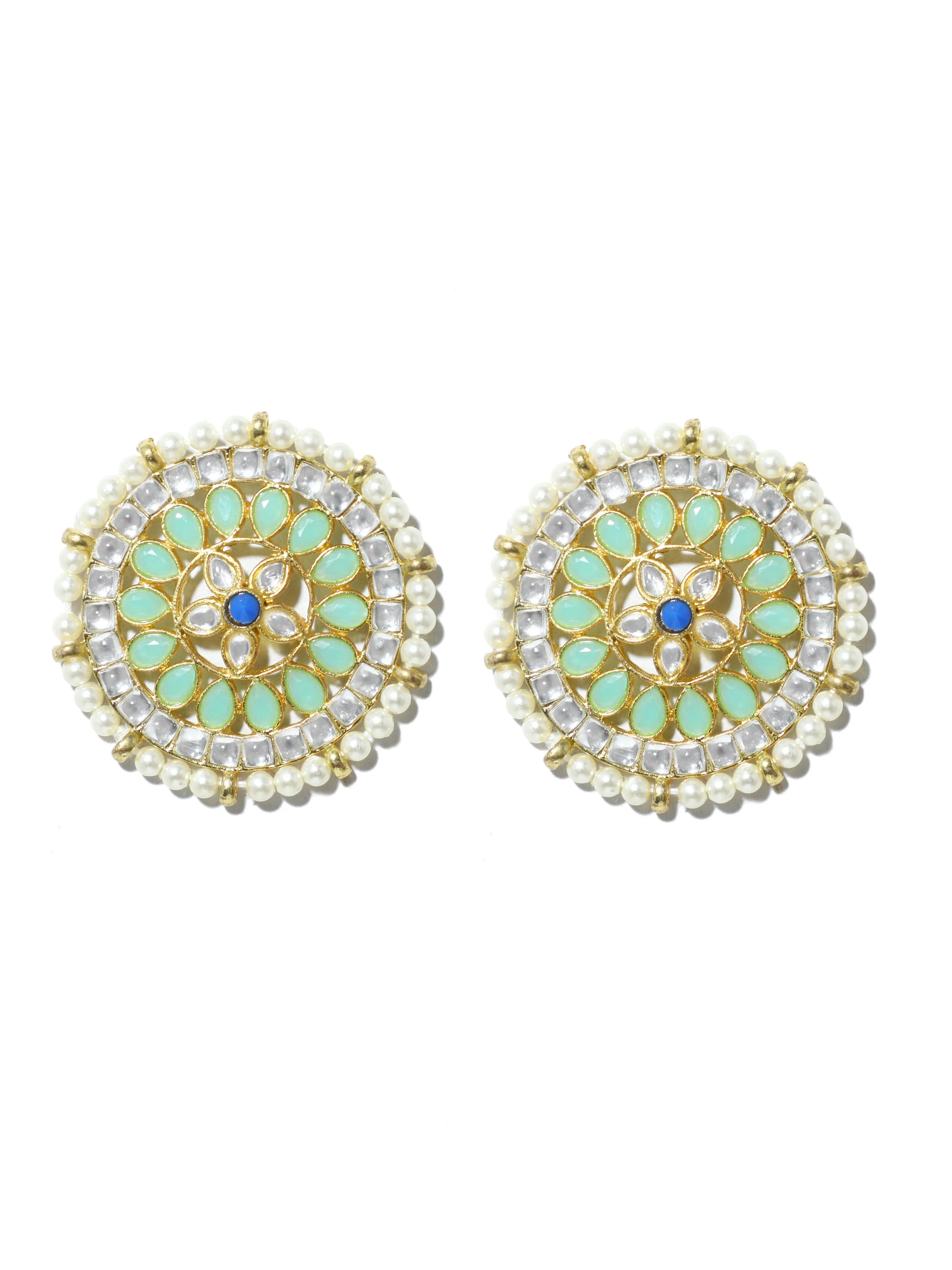 Gold Plated Pearl Beads Lime Green Kundan Stud Earrings