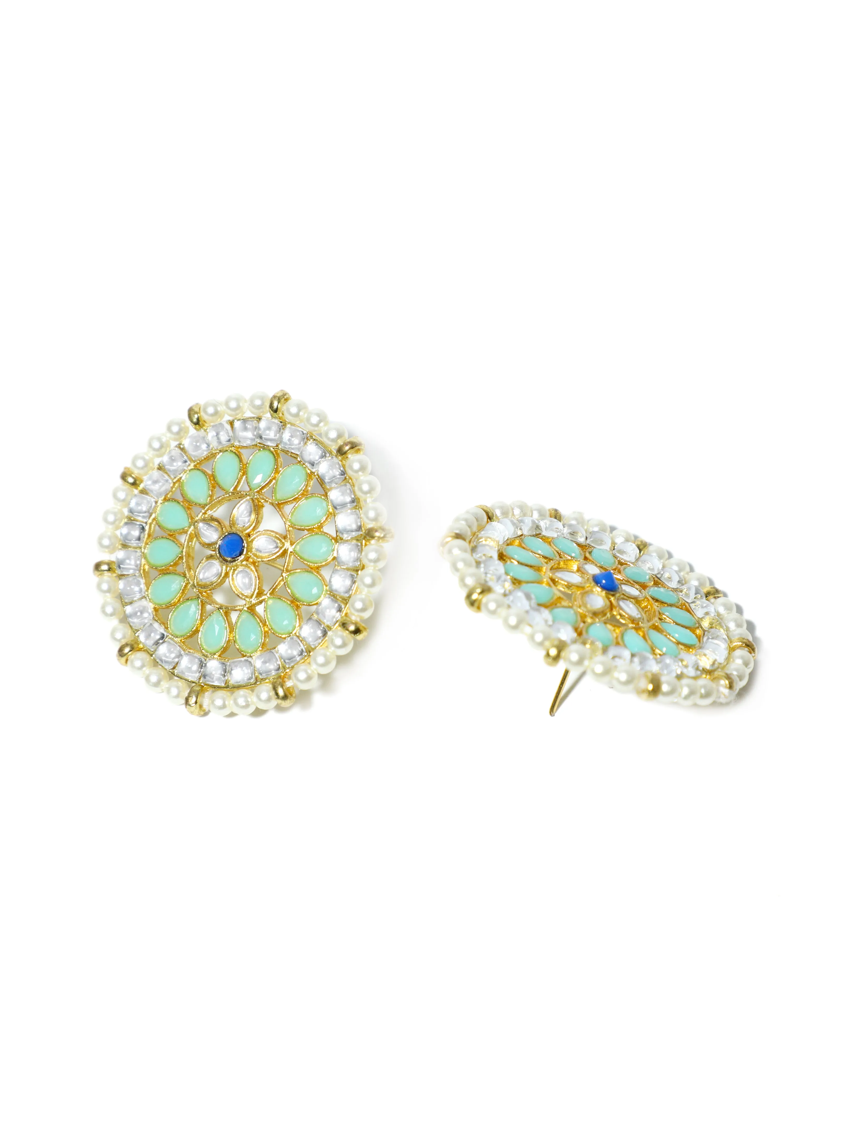 Gold Plated Pearl Beads Lime Green Kundan Stud Earrings