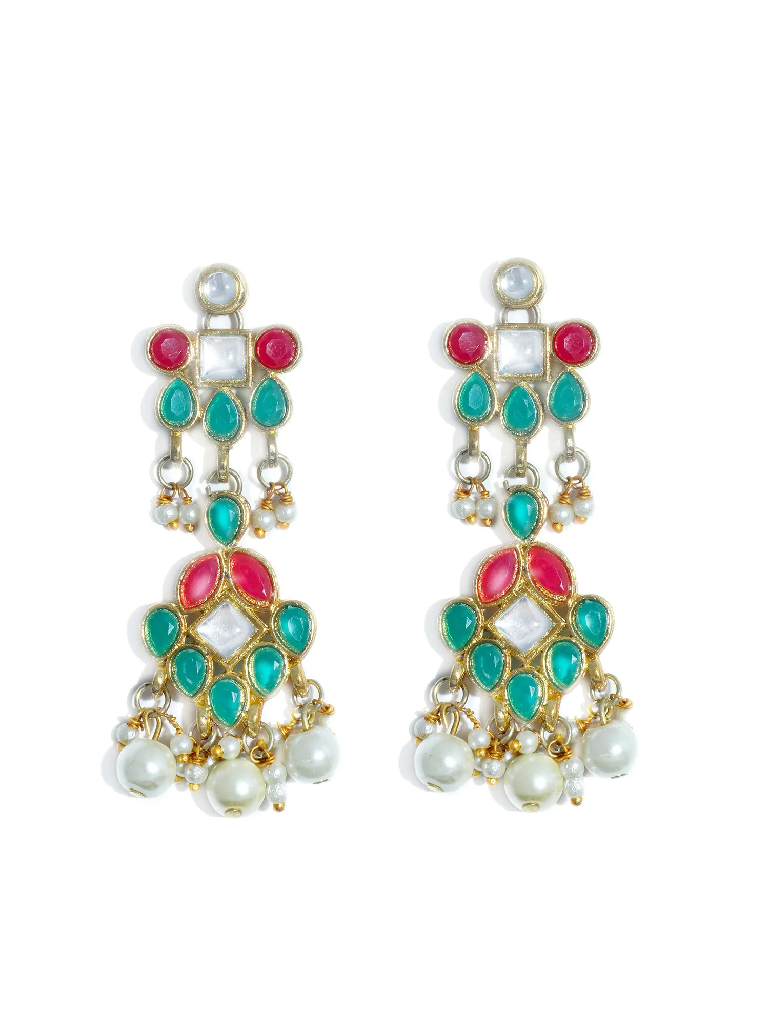 Gold Plated Pearl Beads Red and Green Kundan Dangler Earrings with Earrings for Women