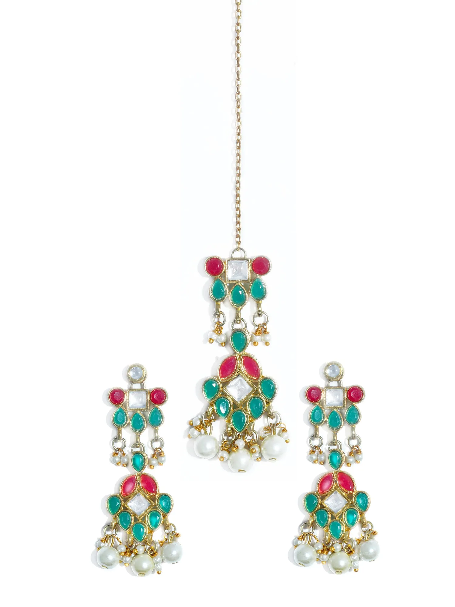 Gold Plated Pearl Beads Red and Green Kundan Dangler Earrings with Earrings for Women