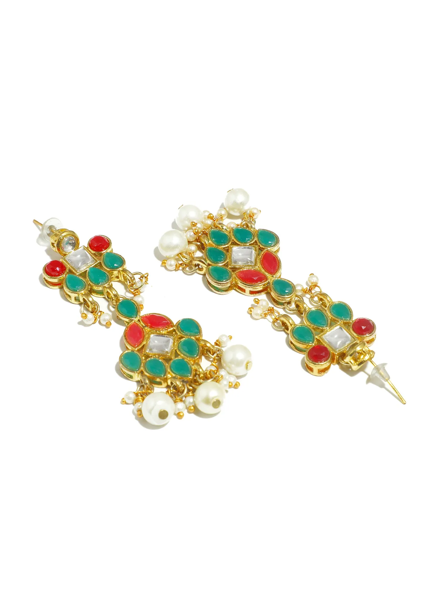 Gold Plated Pearl Beads Red and Green Kundan Dangler Earrings with Earrings for Women