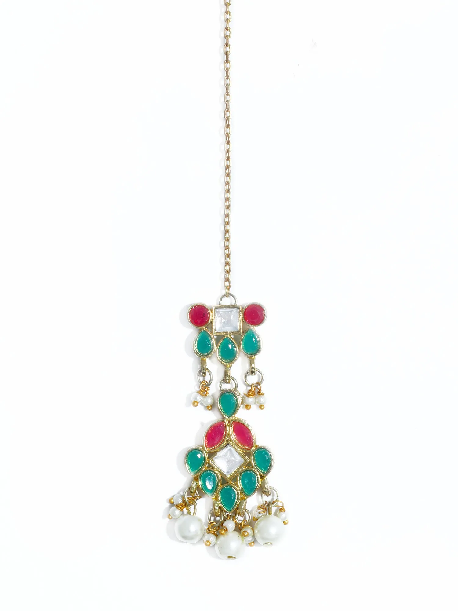 Gold Plated Pearl Beads Red and Green Kundan Dangler Earrings with Earrings for Women