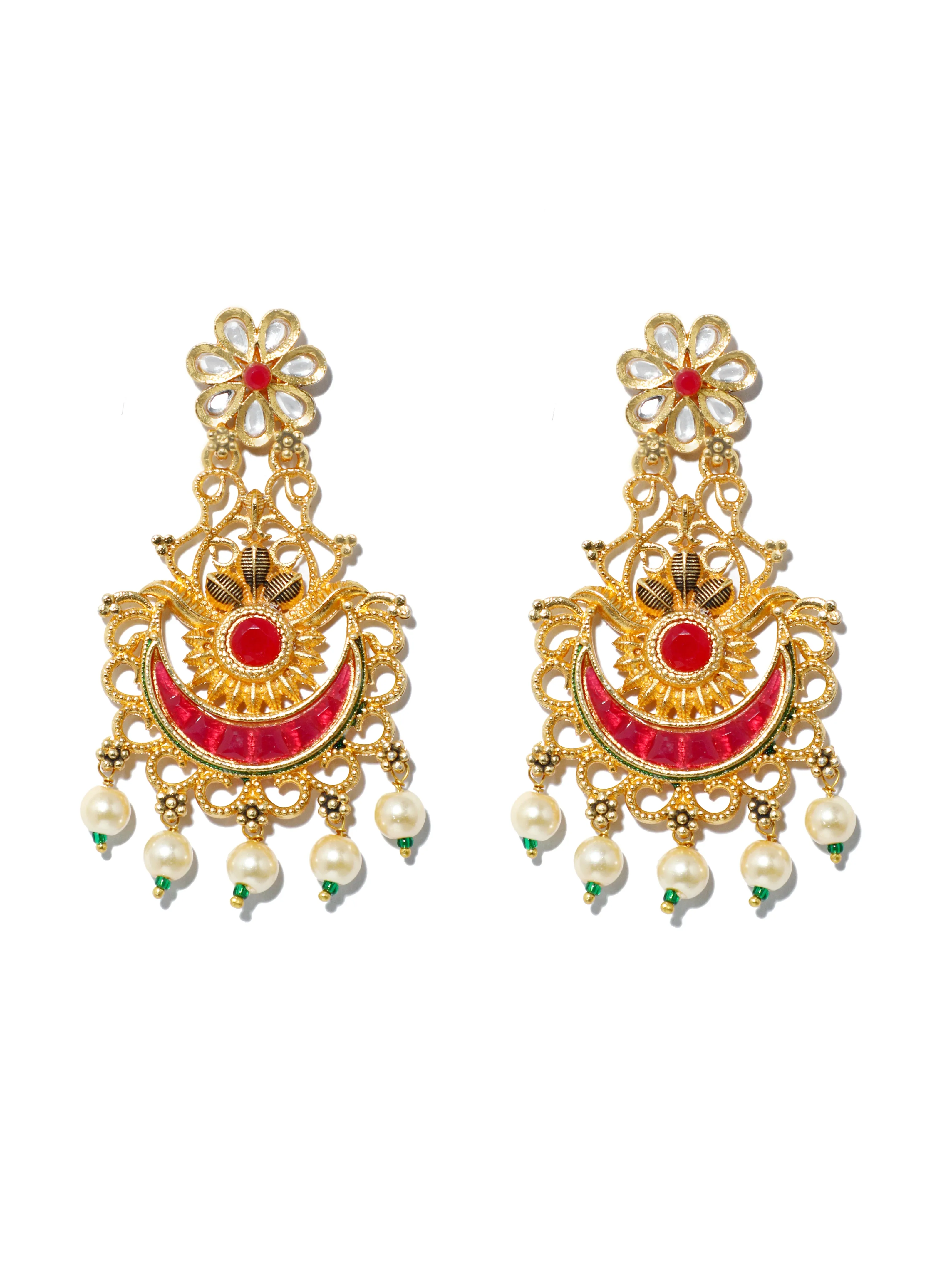Gold Plated Pearl Beads Red Kundan Chandbali Earrings