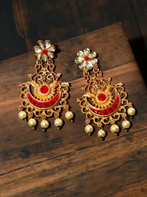 Gold Plated Pearl Beads Red Kundan Chandbali Earrings