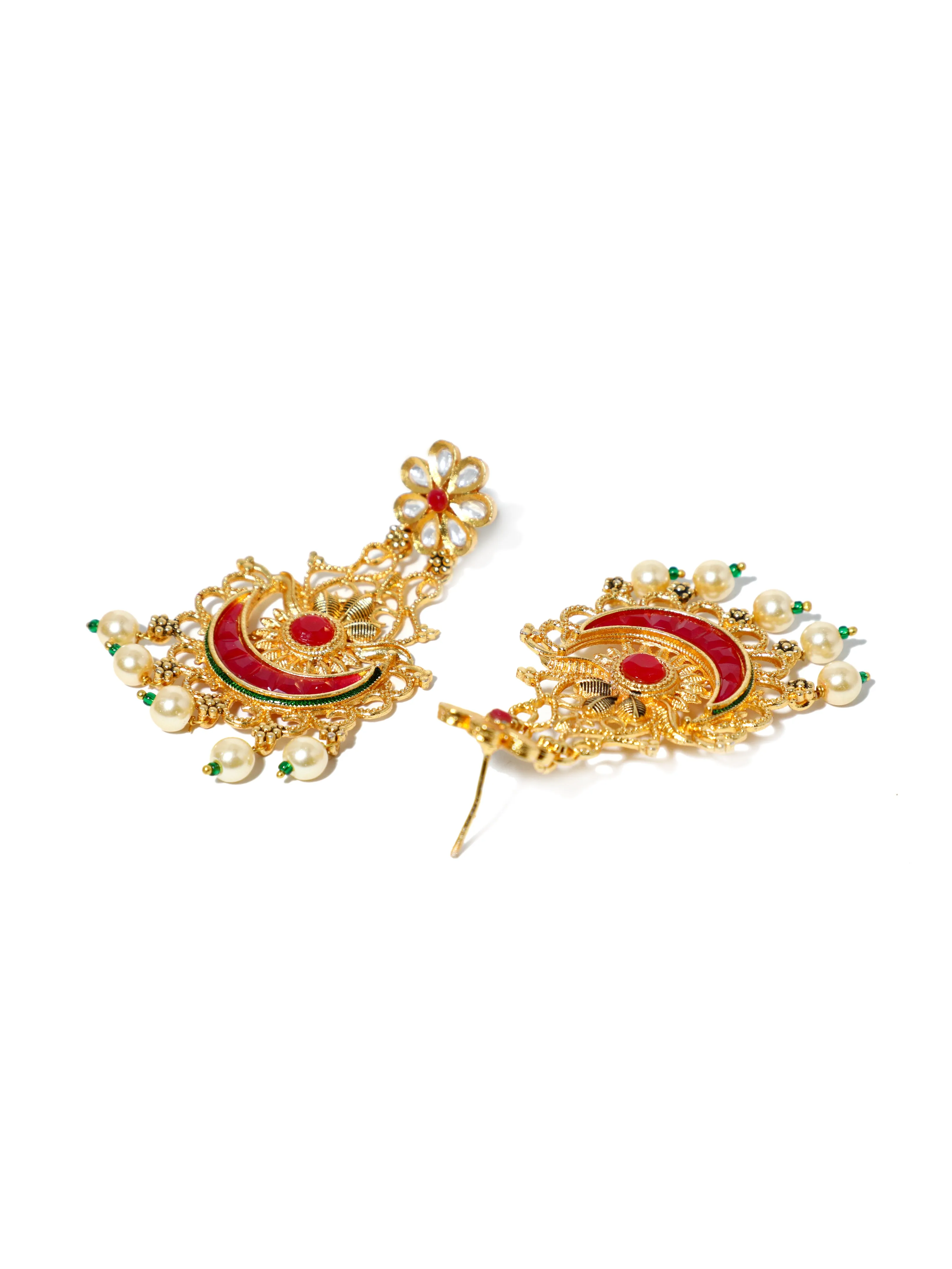 Gold Plated Pearl Beads Red Kundan Chandbali Earrings