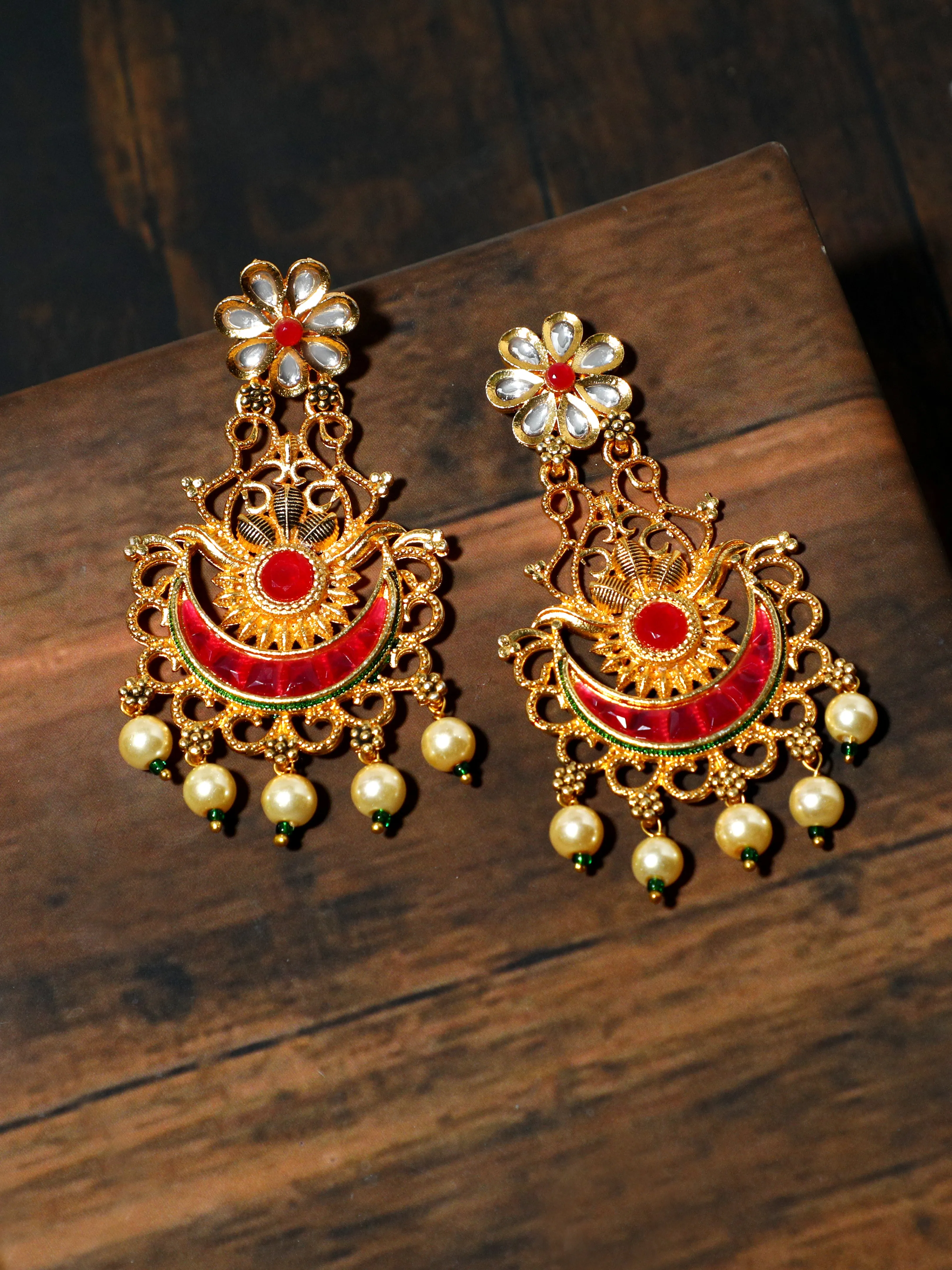 Gold Plated Pearl Beads Red Kundan Chandbali Earrings
