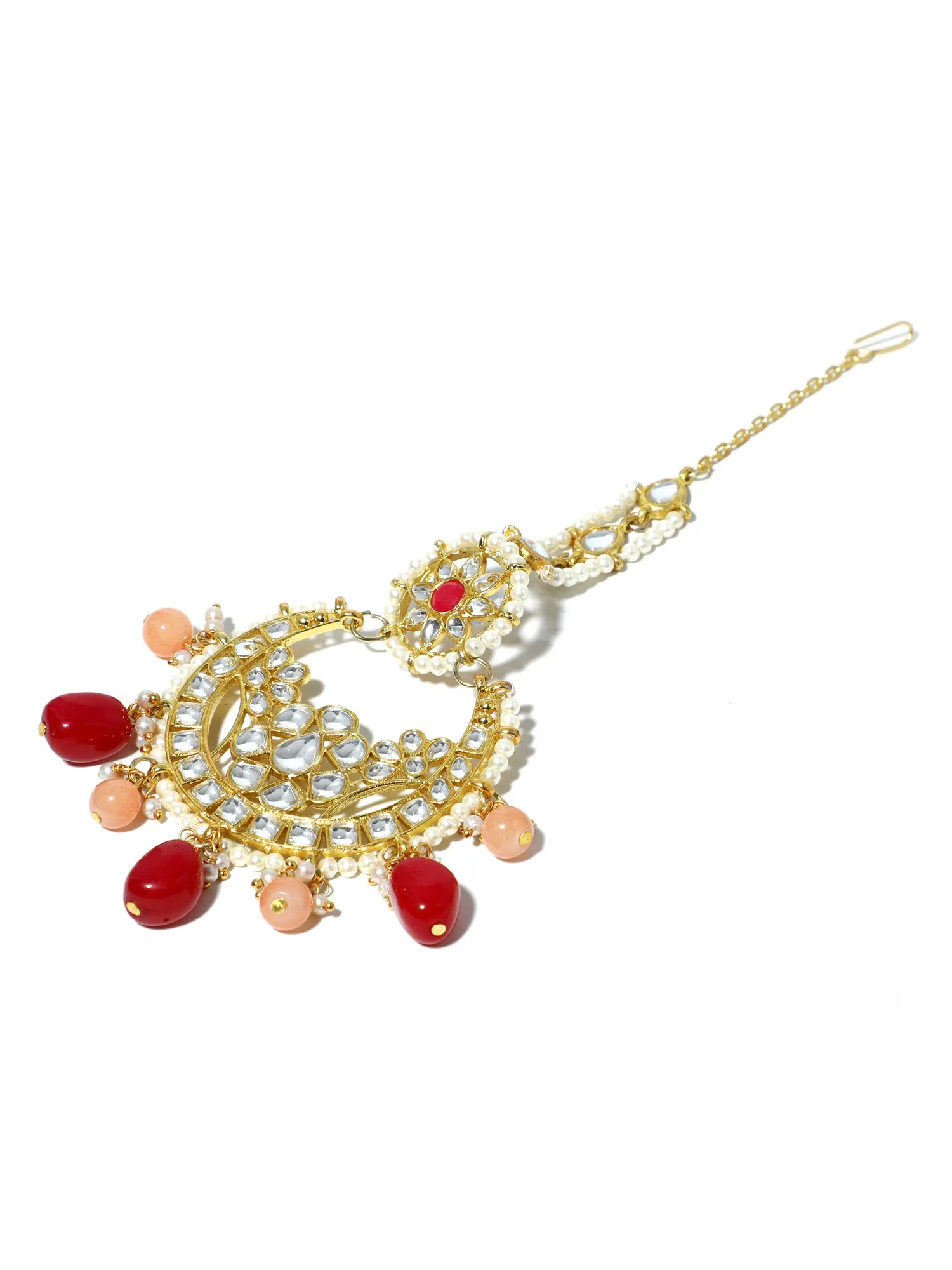 Gold Plated Red and Peach Beads Kundan Maangtikka