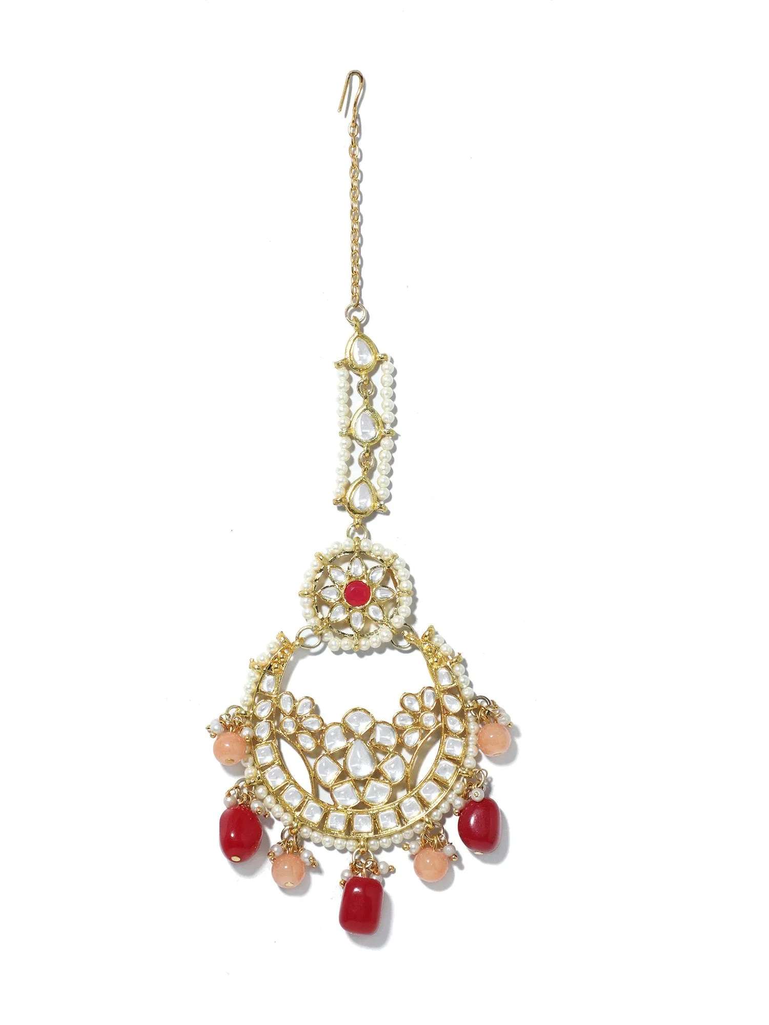Gold Plated Red and Peach Beads Kundan Maangtikka