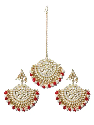 Gold Plated Red and Pearl Beads Kundan Chandbali Earrings with Maangtikka