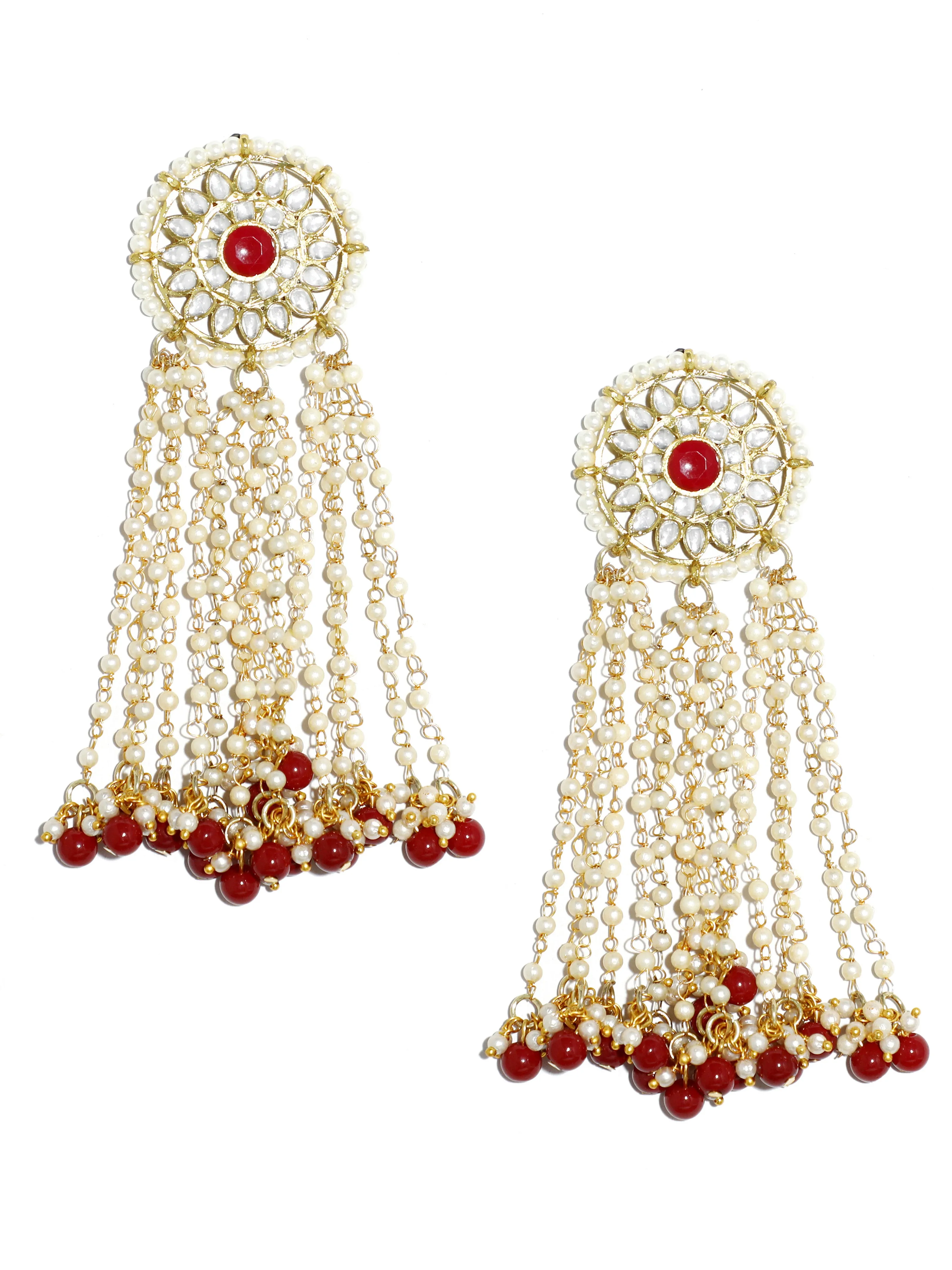 Gold Plated Red Beads Kundan Tassel Earrings