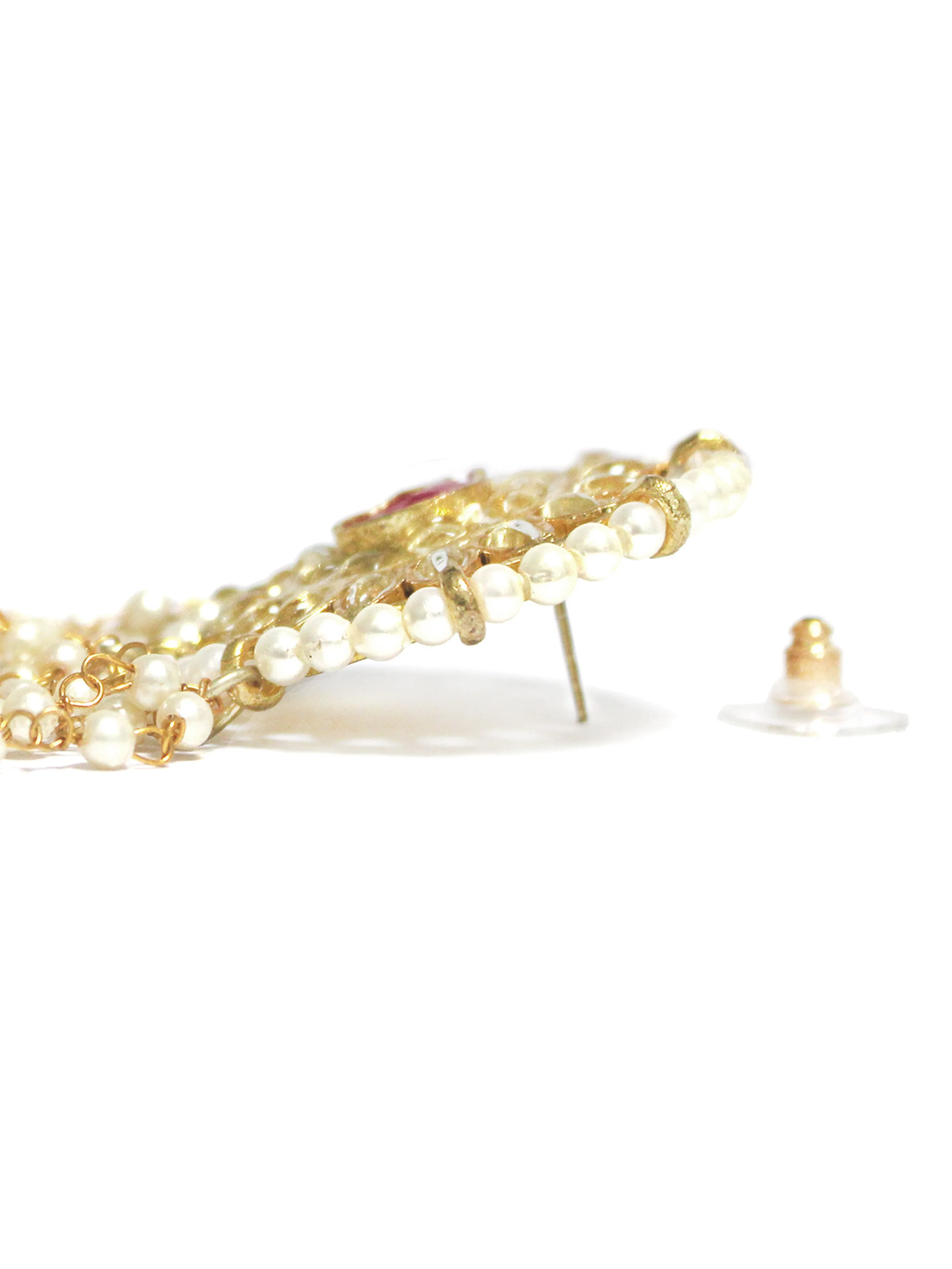 Gold Plated Red Beads Kundan Tassel Earrings