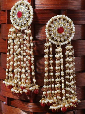 Gold Plated Red Beads Kundan Tassel Earrings