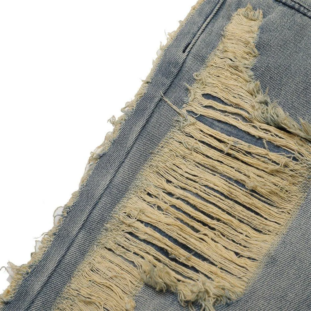 High Street Hand Scratched Whiskering Flare Jeans – Blue Denim