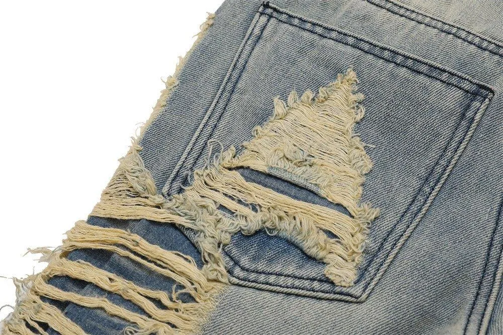 High Street Hand Scratched Whiskering Flare Jeans – Blue Denim