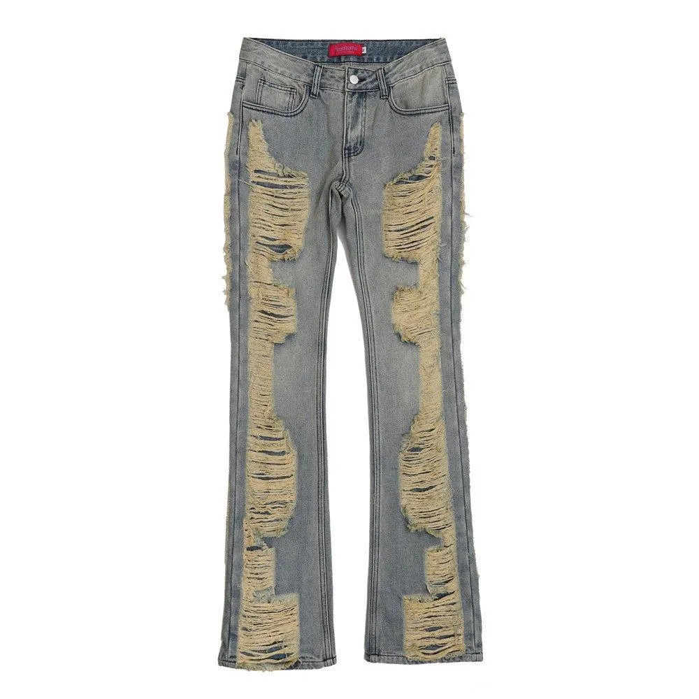 High Street Hand Scratched Whiskering Flare Jeans – Blue Denim