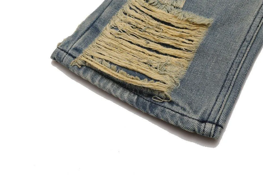High Street Hand Scratched Whiskering Flare Jeans – Blue Denim