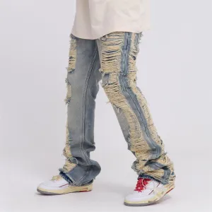 High Street Hand Scratched Whiskering Flare Jeans – Blue Denim