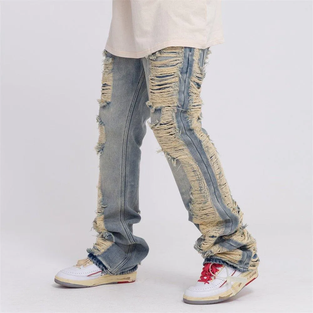 High Street Hand Scratched Whiskering Flare Jeans – Blue Denim