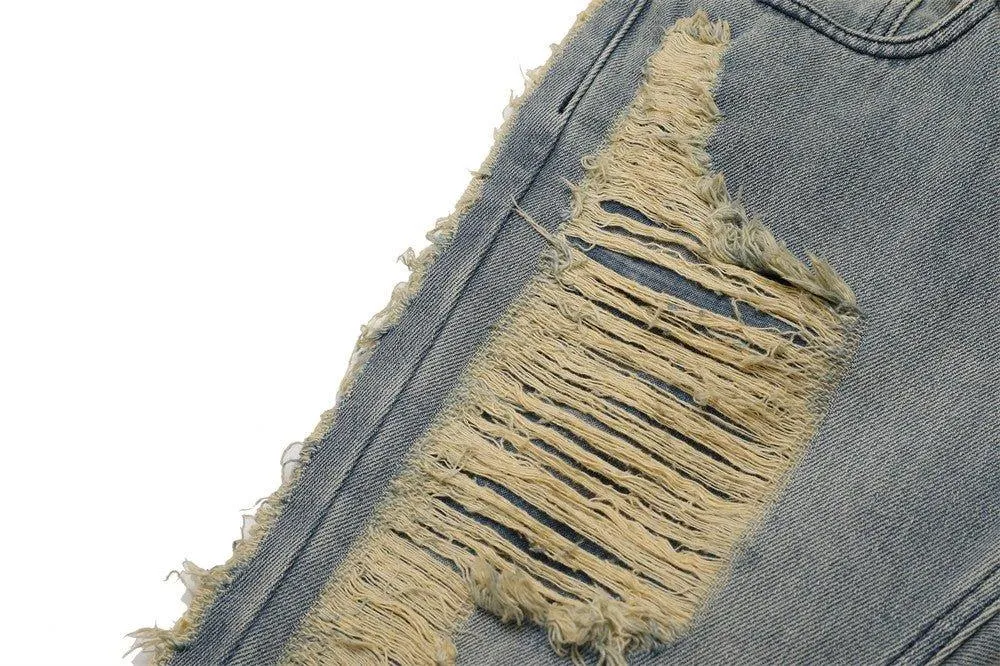 High Street Hand Scratched Whiskering Flare Jeans – Blue Denim