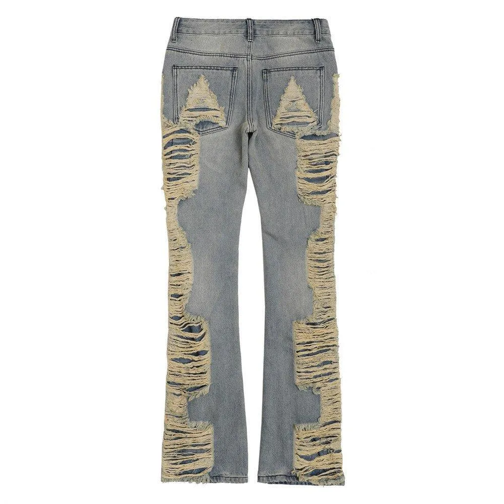 High Street Hand Scratched Whiskering Flare Jeans – Blue Denim