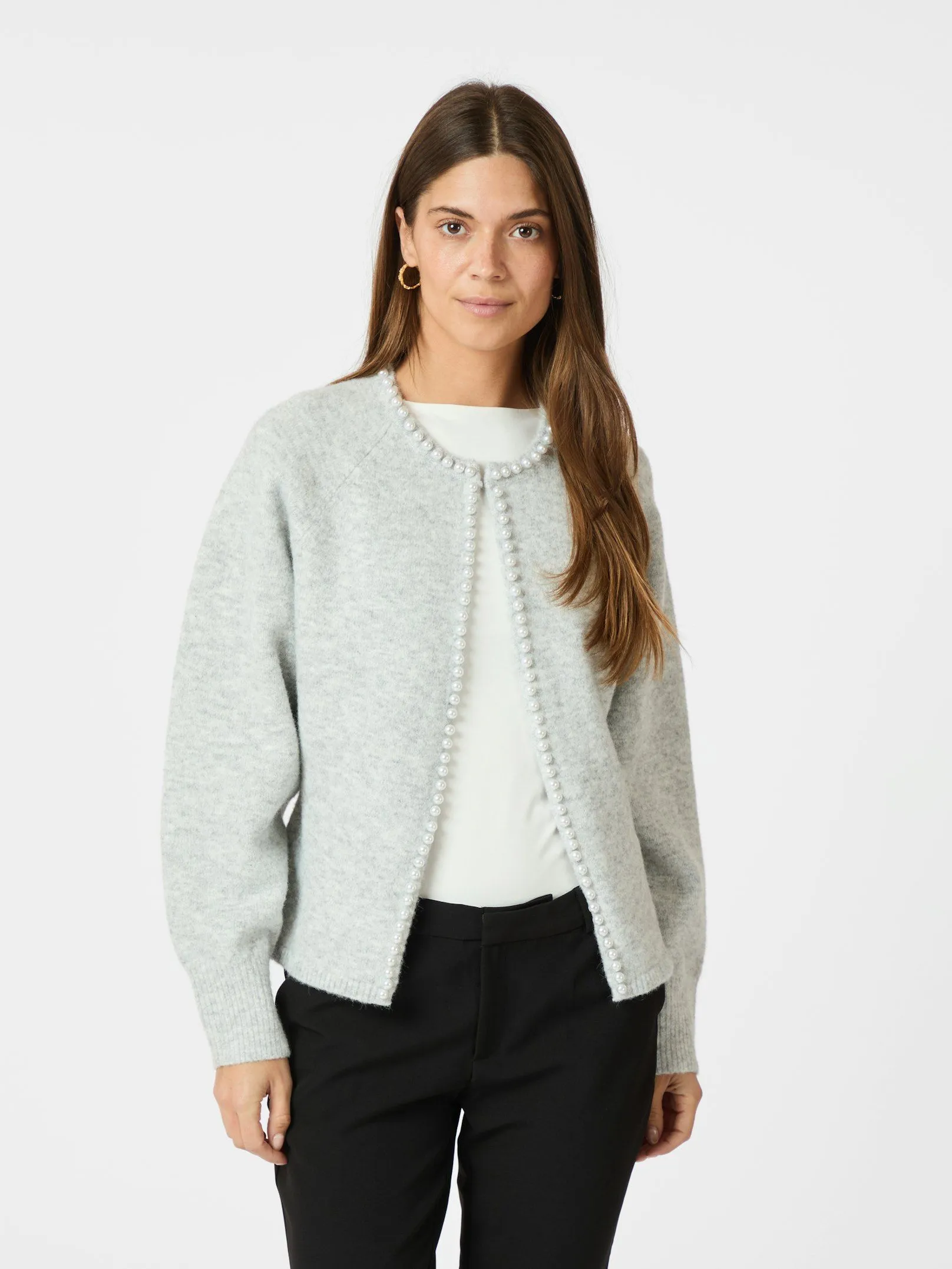 Lilly Pearl Knit Cardigan - Light Grey Melange