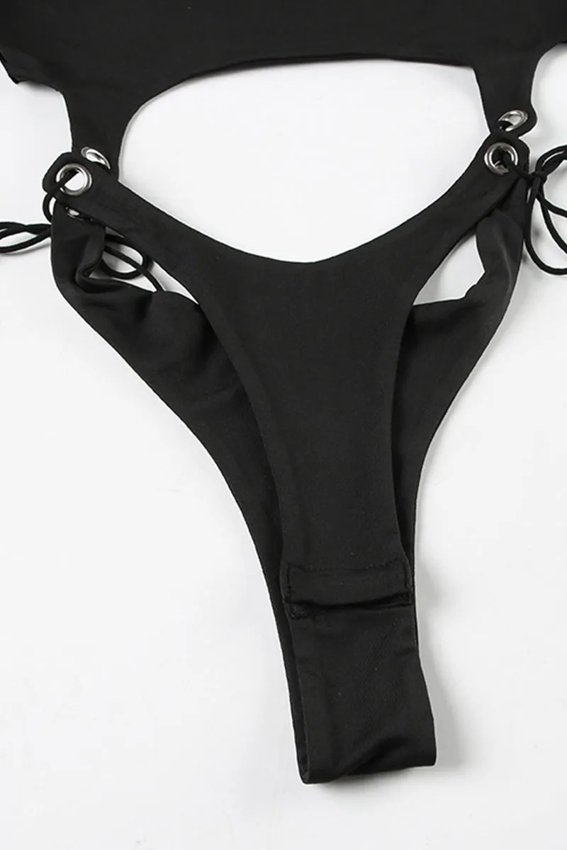 Long Sleeve Hollow Front Removable Bandage Bodysuit