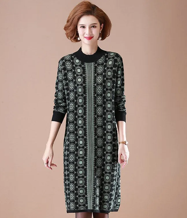Long Sleeve Knee Length Floral A-line Knit Dress Mother Dress