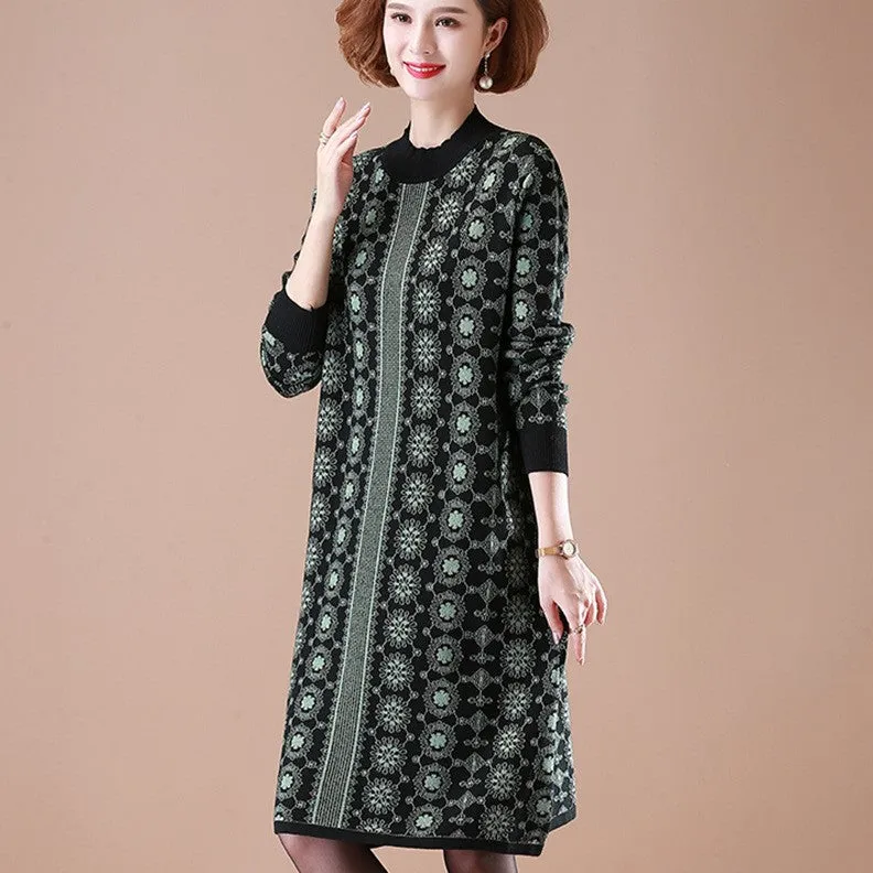 Long Sleeve Knee Length Floral A-line Knit Dress Mother Dress
