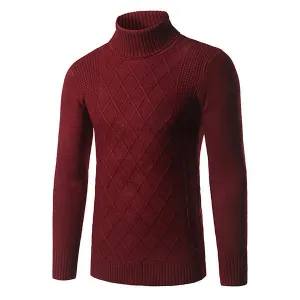 Mens Fall Winter Pullover Solid Color High Collar Slim Fit Knitted Sweater