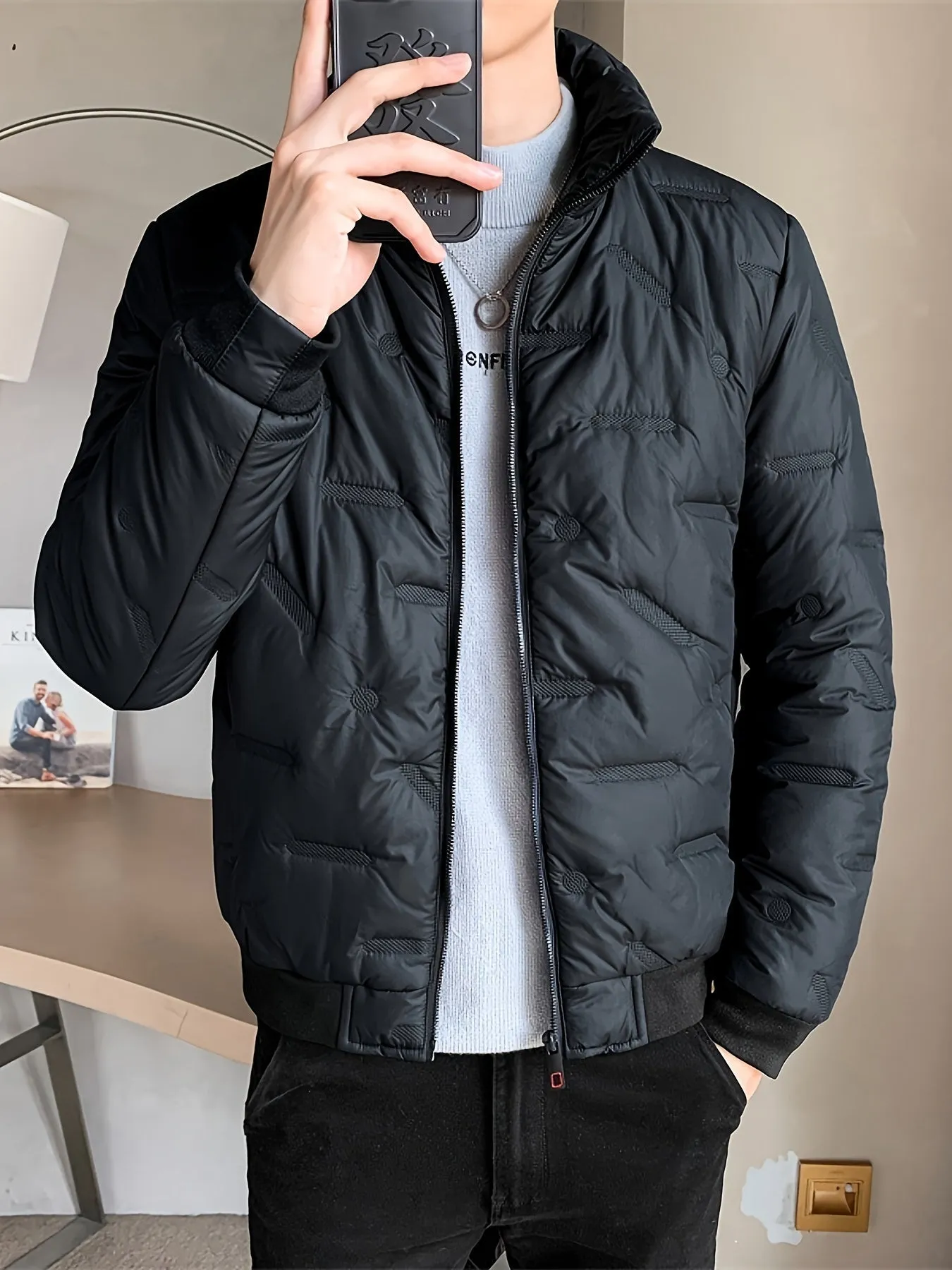 Men's Warm Solid Colour Zip-Up Stand Collar Puffer Jacket | Ideal for Autumn/Winter