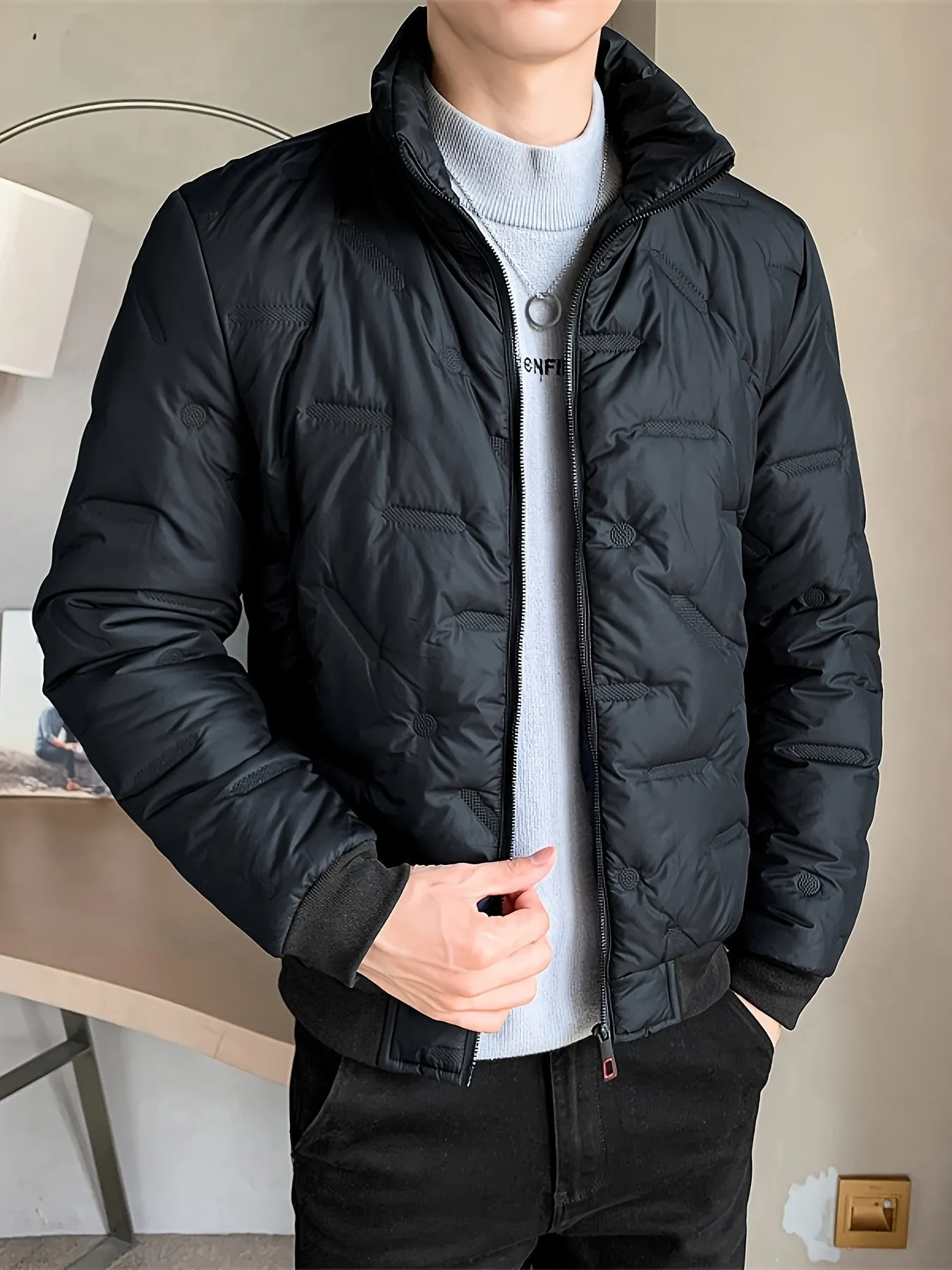 Men's Warm Solid Colour Zip-Up Stand Collar Puffer Jacket | Ideal for Autumn/Winter