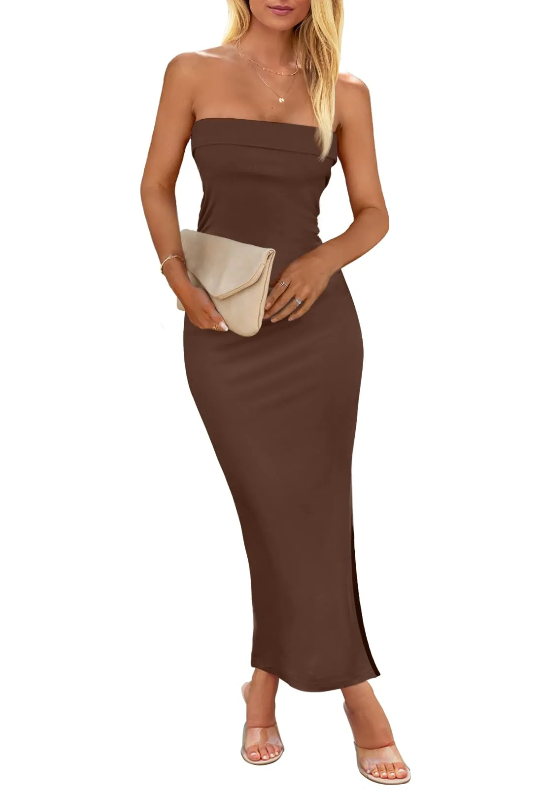 MEROKEETY Strapless Bodycon Backless Rib Knit Maxi Dress