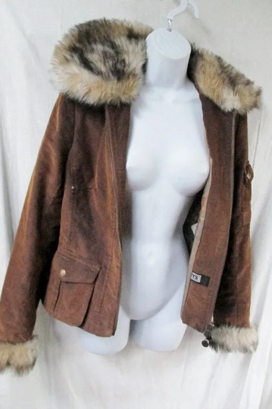 NEW Womens YOUNG SPIRIT Faux FUR collar jacket coat Corduroy BROWN 4 S