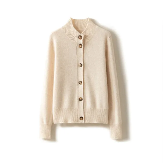 Nukty Autumn and Winter 100% Wool Cashmere Sweater Women's Self-Cultivation Half High Neck Cardigan Warm Knitted Sweater Women