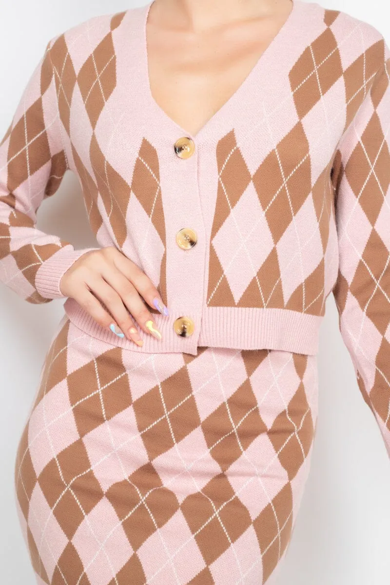 Pink Mocha V Neck Button Front Long Sleeve Cardigan Crop Top_