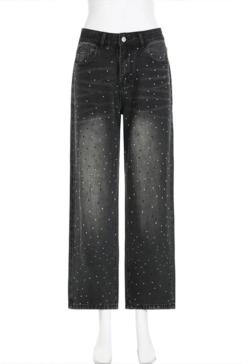 PK661 Retro Rhinestone Loose Low Waist Jeans