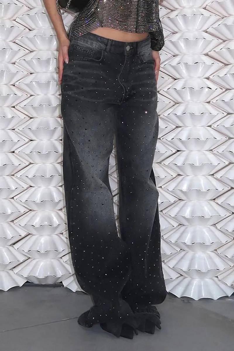 PK661 Retro Rhinestone Loose Low Waist Jeans