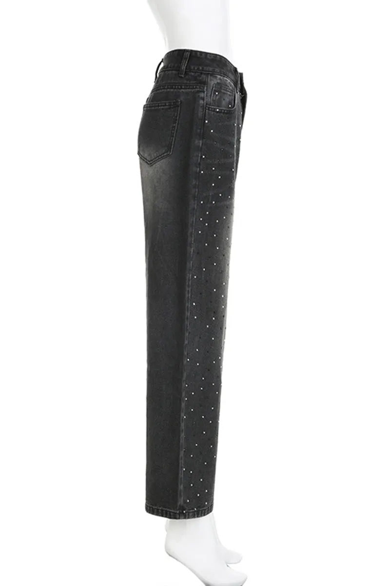 PK661 Retro Rhinestone Loose Low Waist Jeans