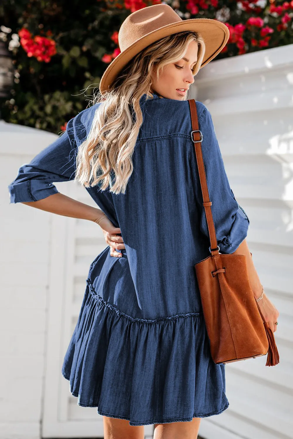 Pocketed Ruffled Denim Shirt Mini Dress