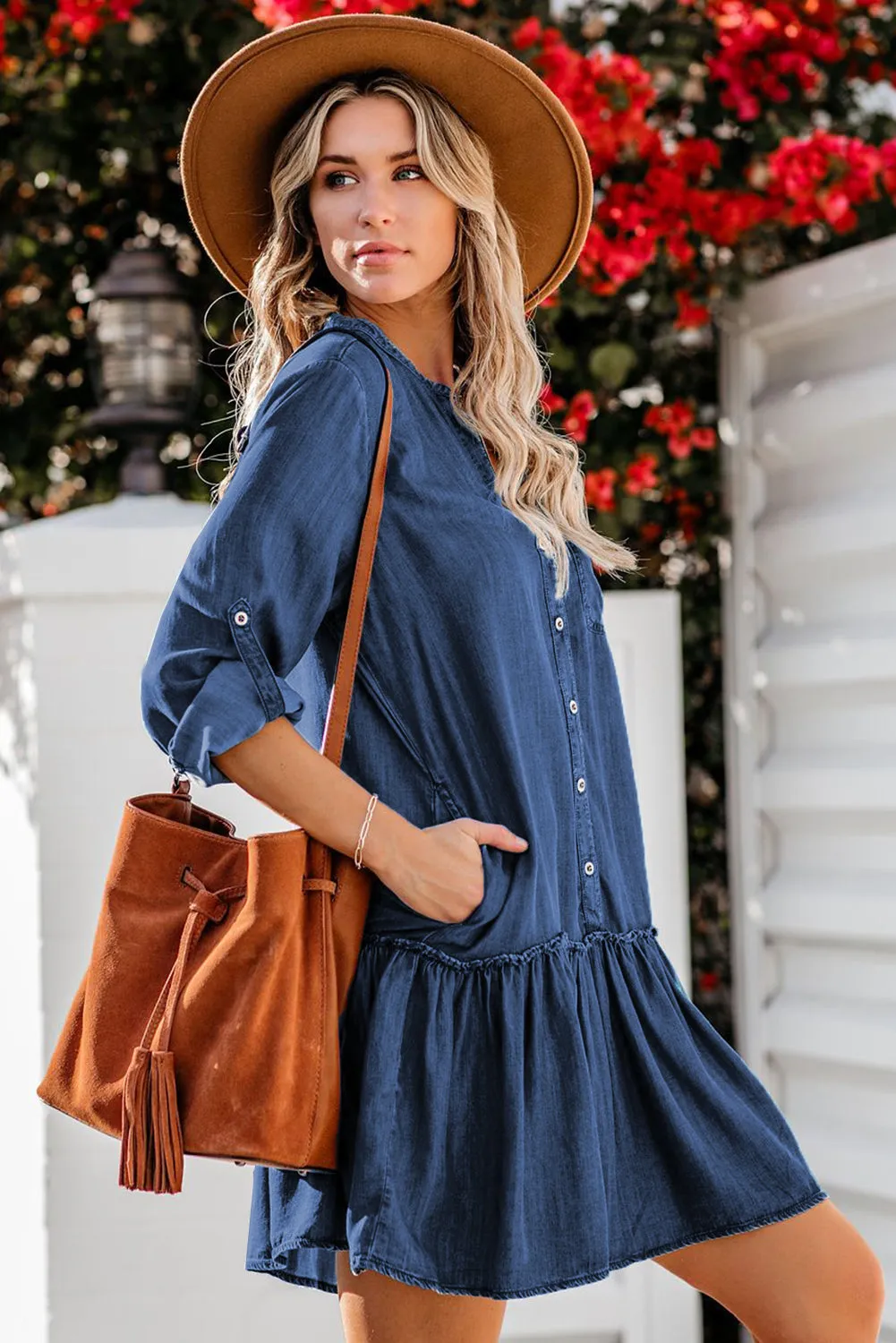 Pocketed Ruffled Denim Shirt Mini Dress