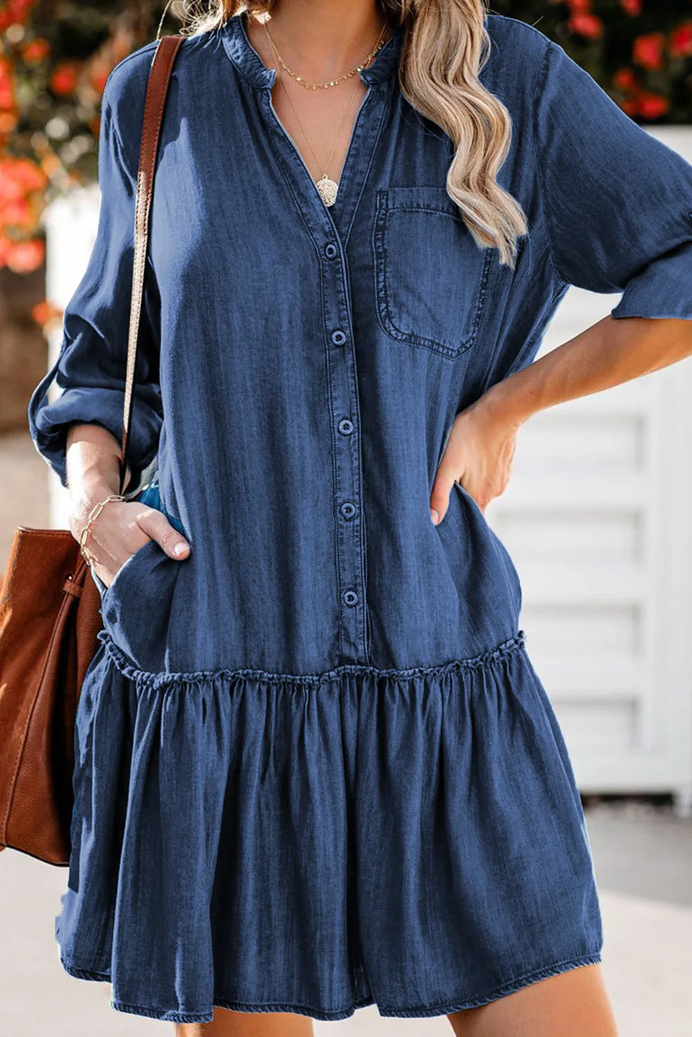Pocketed Ruffled Denim Shirt Mini Dress