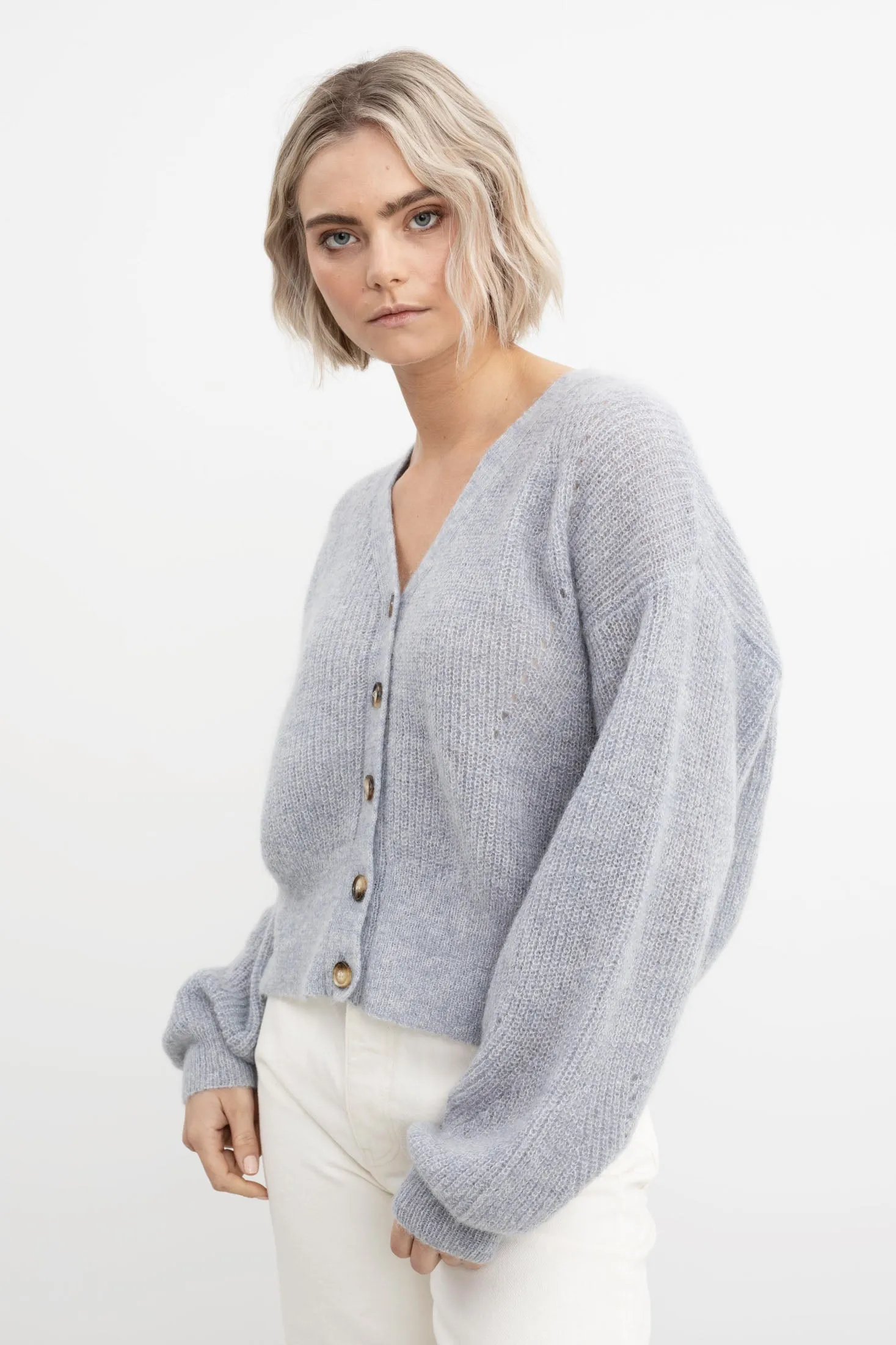 Precise Knit Cardigan - Dusty Blue Melange