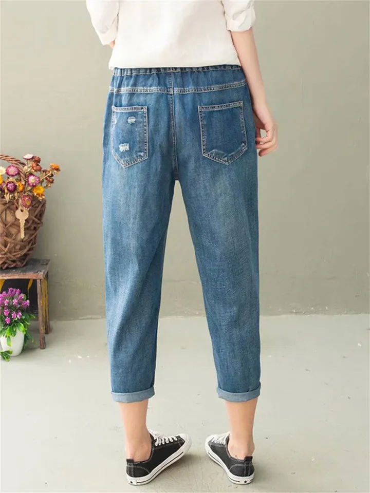 Retro Elastic-waist Loose Ripped Jeans