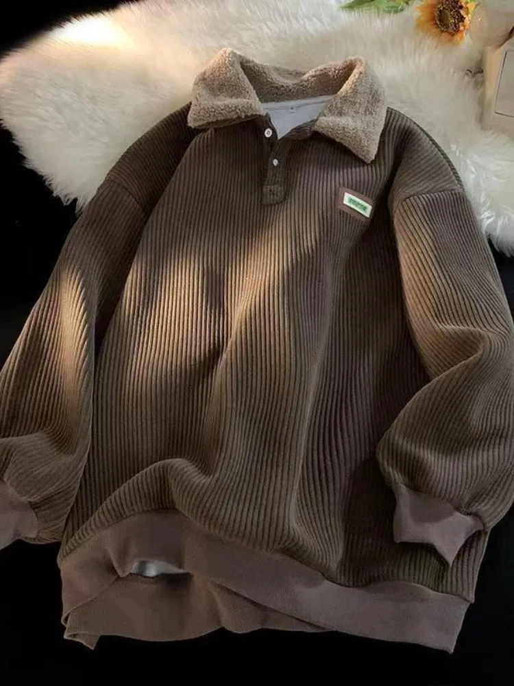 Riolio men’s fall fashion 2024 - winter outfits men - Corduroy Sweatshirt Men Autumn Winter Velvet Thickening Pullover