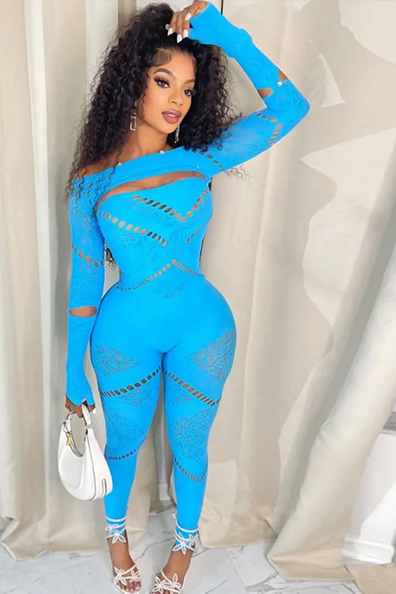 Round Neck Long Sleeve Hollow Diamond Jumpsuit