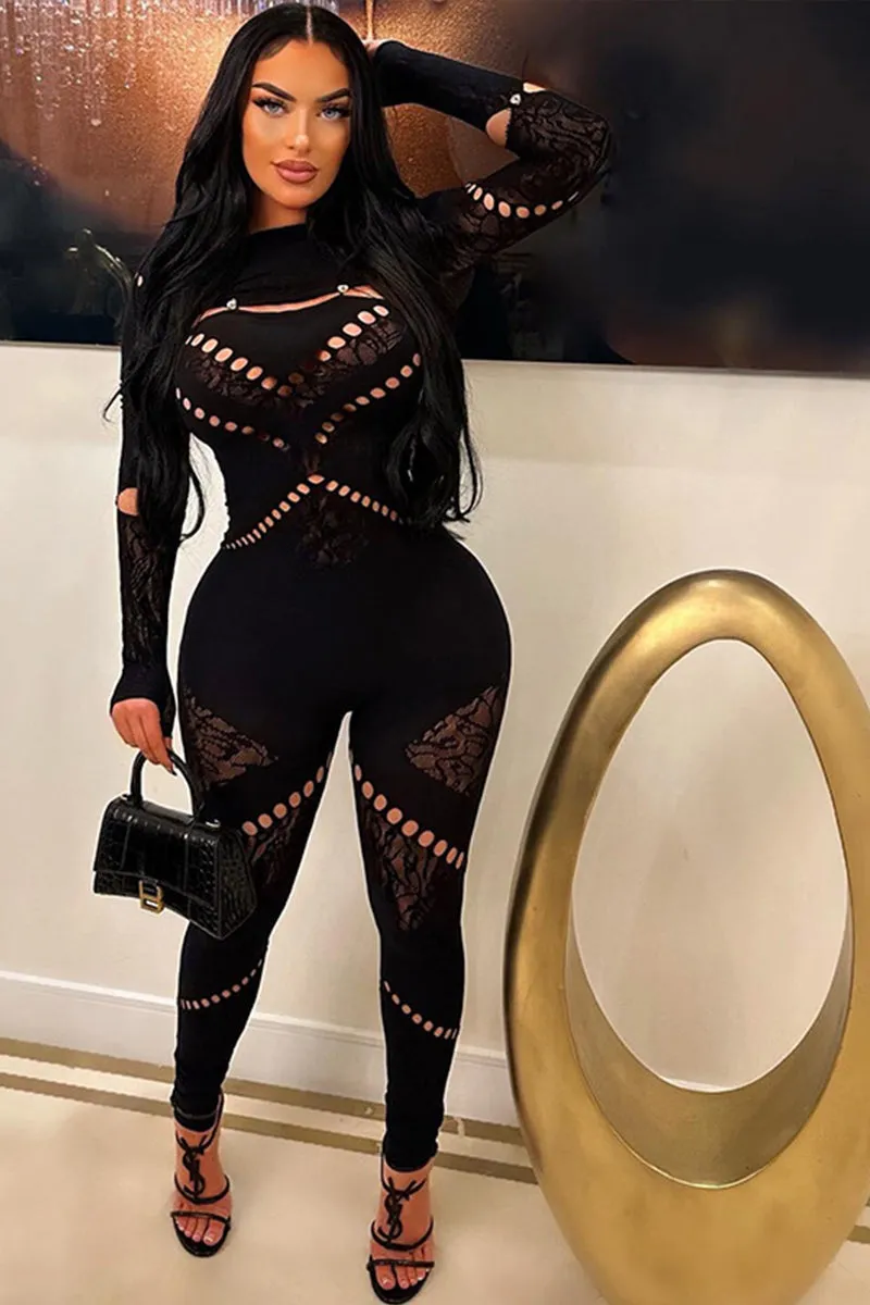 Round Neck Long Sleeve Hollow Diamond Jumpsuit
